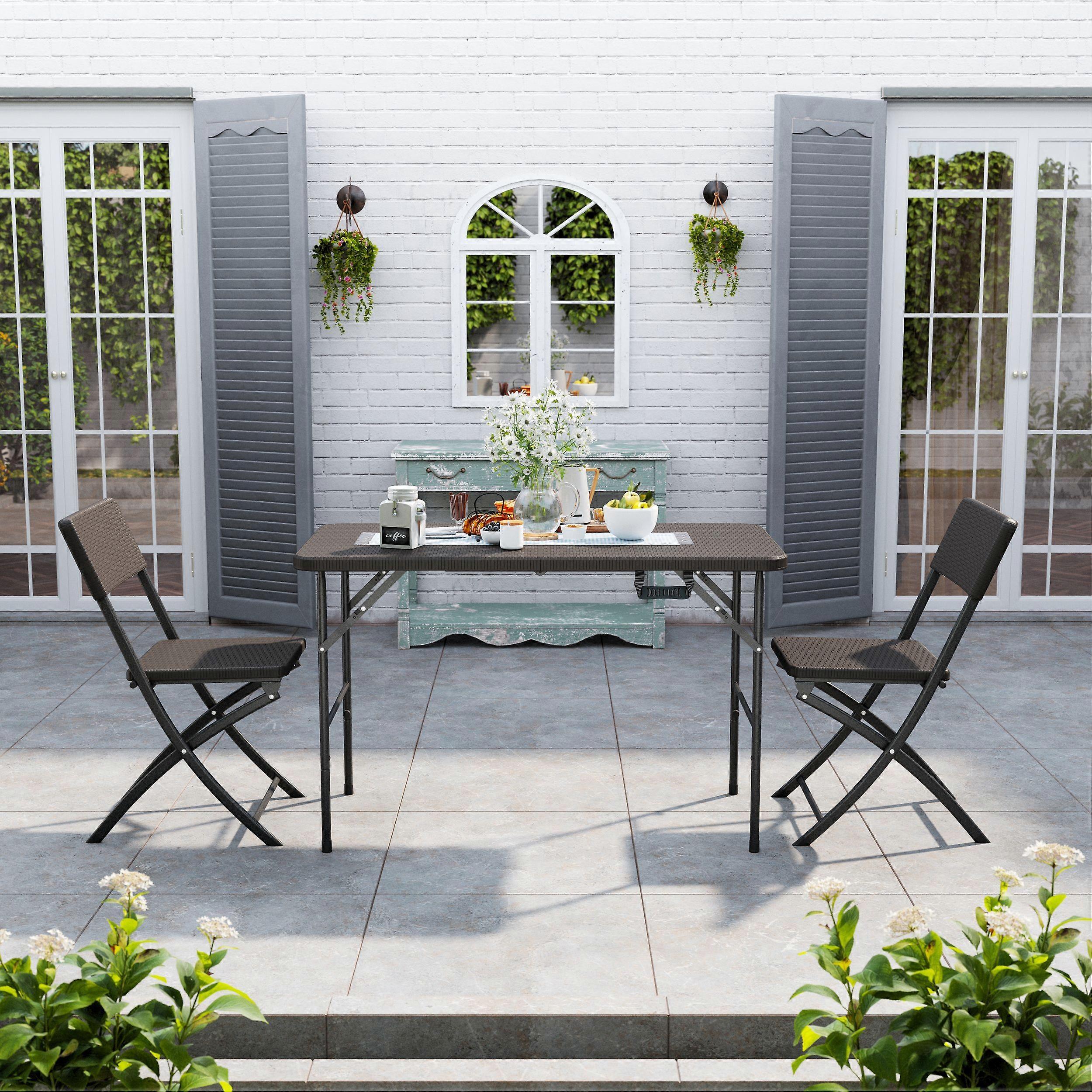 Rectangular Rattan Plastic Folding Table & Set of 2 Folding Chairs Brown