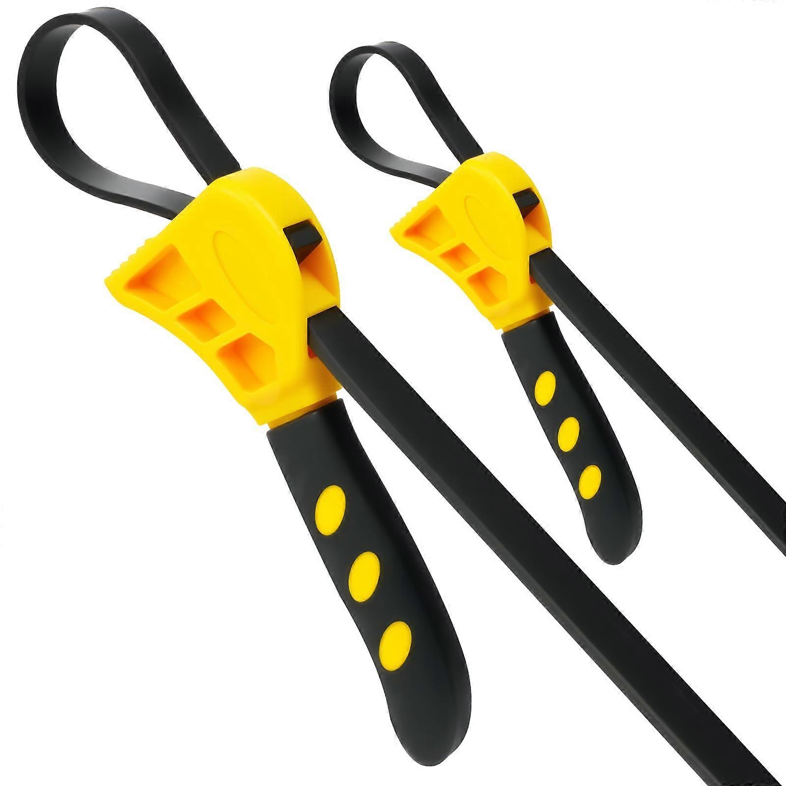 Band Wrench Set, 2-Piece Universal Rubber Pipe Wrench, Adjustable Oil Filter and Jar Opener, Yellow Belt Wrench for Bottles and Shower Heads