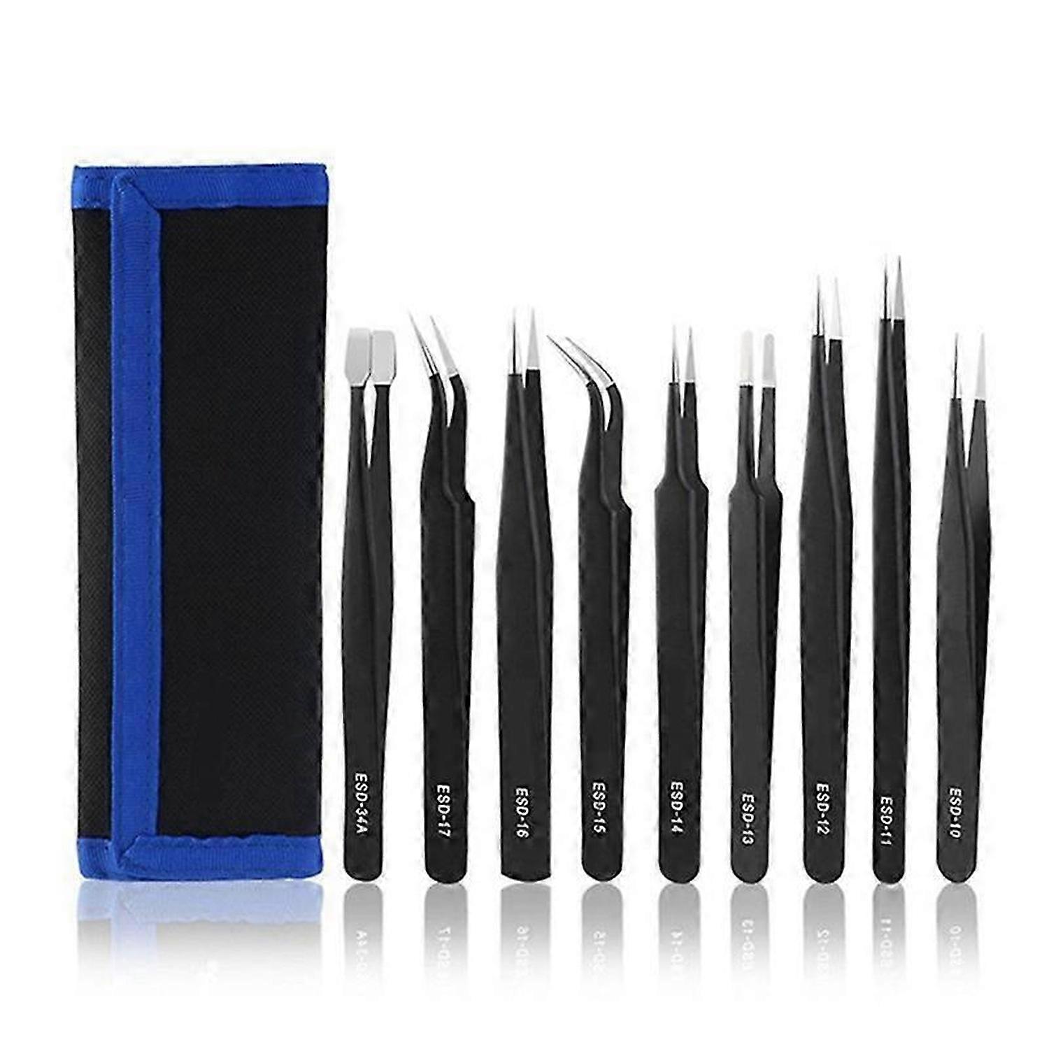 Anti-Static Tweezers Combination Set Cloth Bag 9-Piece Set Flat Head