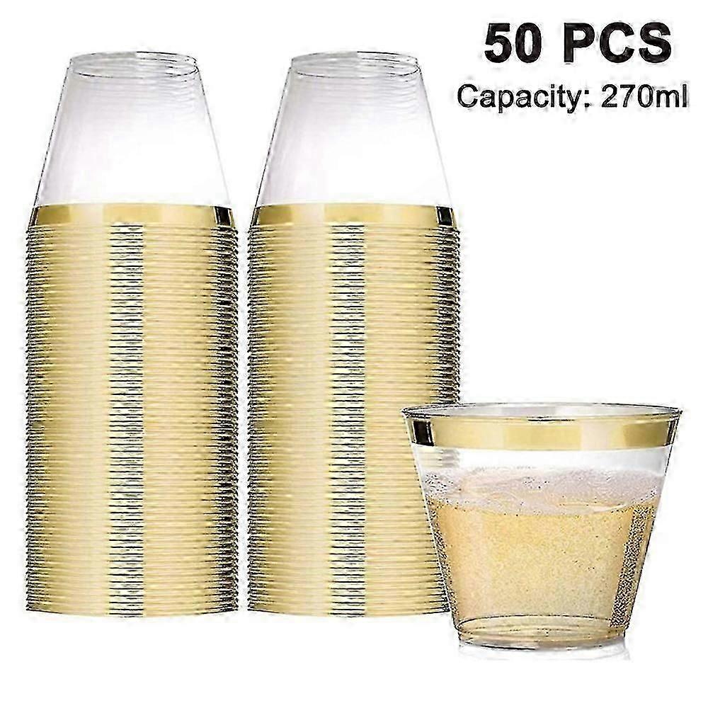 50 Clear Plastic Cups 9 Ounce- Party Elegant Trimmed Disposable Cups