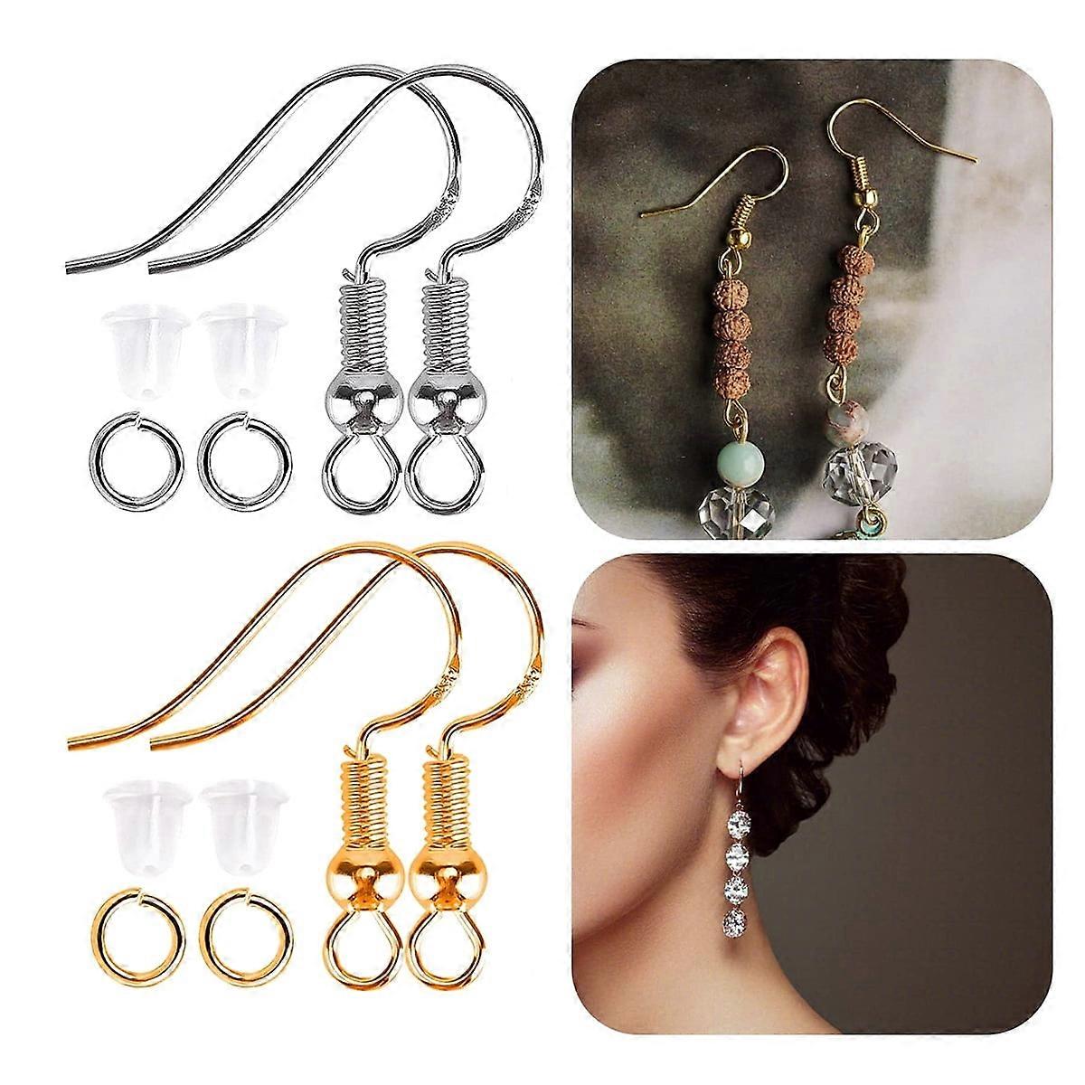 Harupink 300Pcs Earring Hooks, Hypoallergenic Fish Shape Ear Wire with O Jump Rings & Safety Backs for DIY Earrings, Bracelets, Necklaces