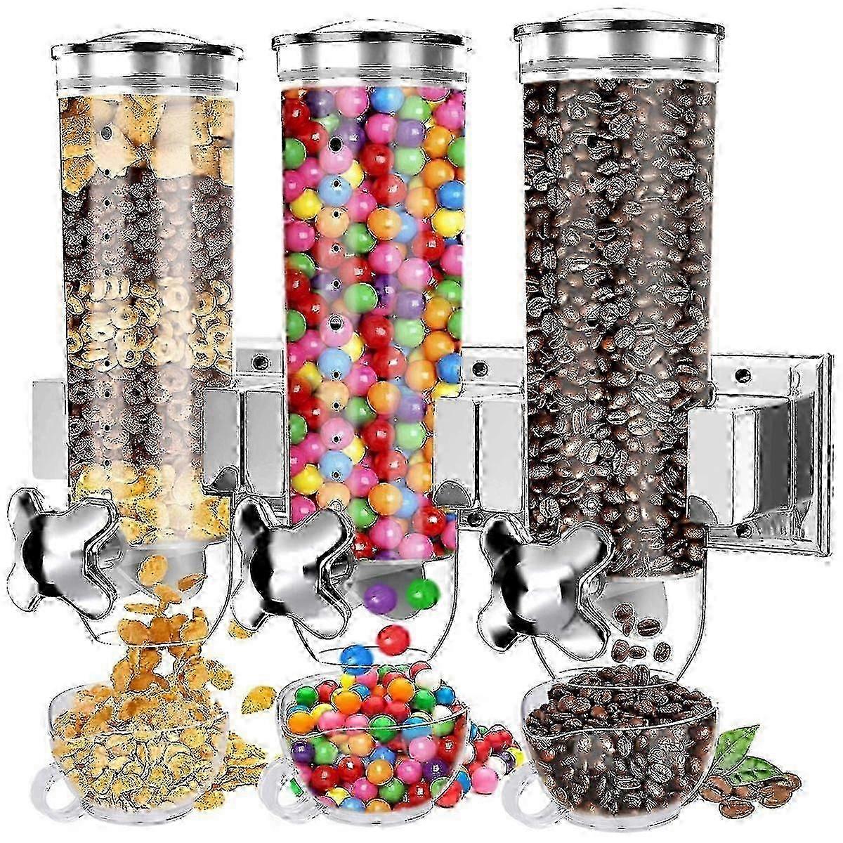 Version 2: Title: Triple Cereal & Candy Dispenser with Wall-Mount and Removable Cups for Easy Access