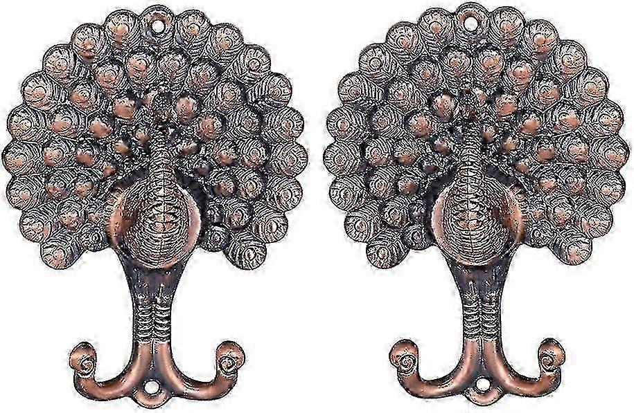 Antique Copper Peacock-Printed Curtain Tiebacks with Vintage Hooks Edition 1107