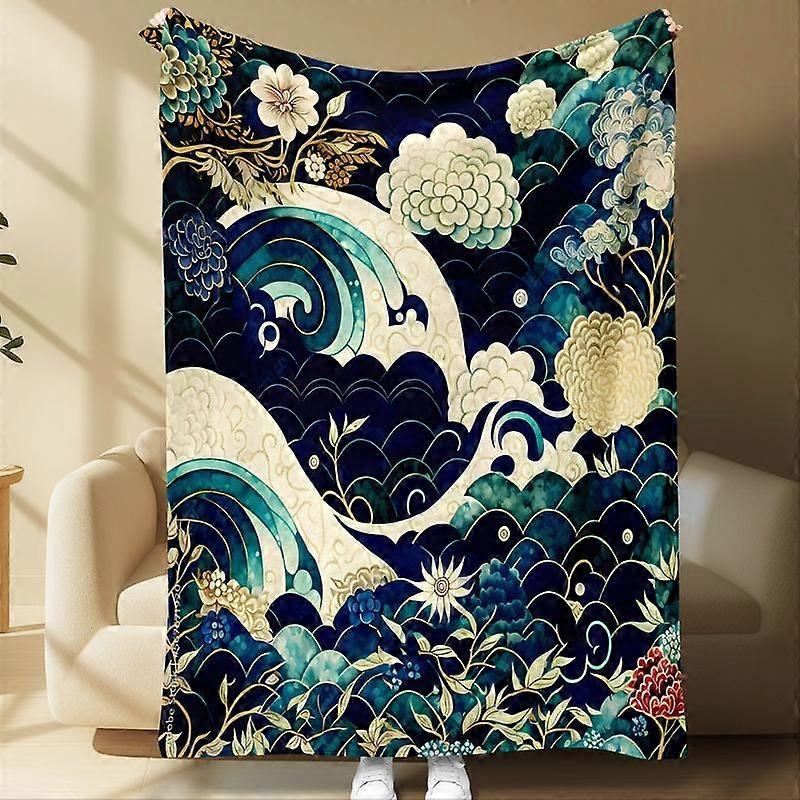 Japanese Wave & Floral Flannel Blanket, Blue Ocean Wave with Floral Art Print, Soft Throw, Ultra-Soft Warm for Couch Bed