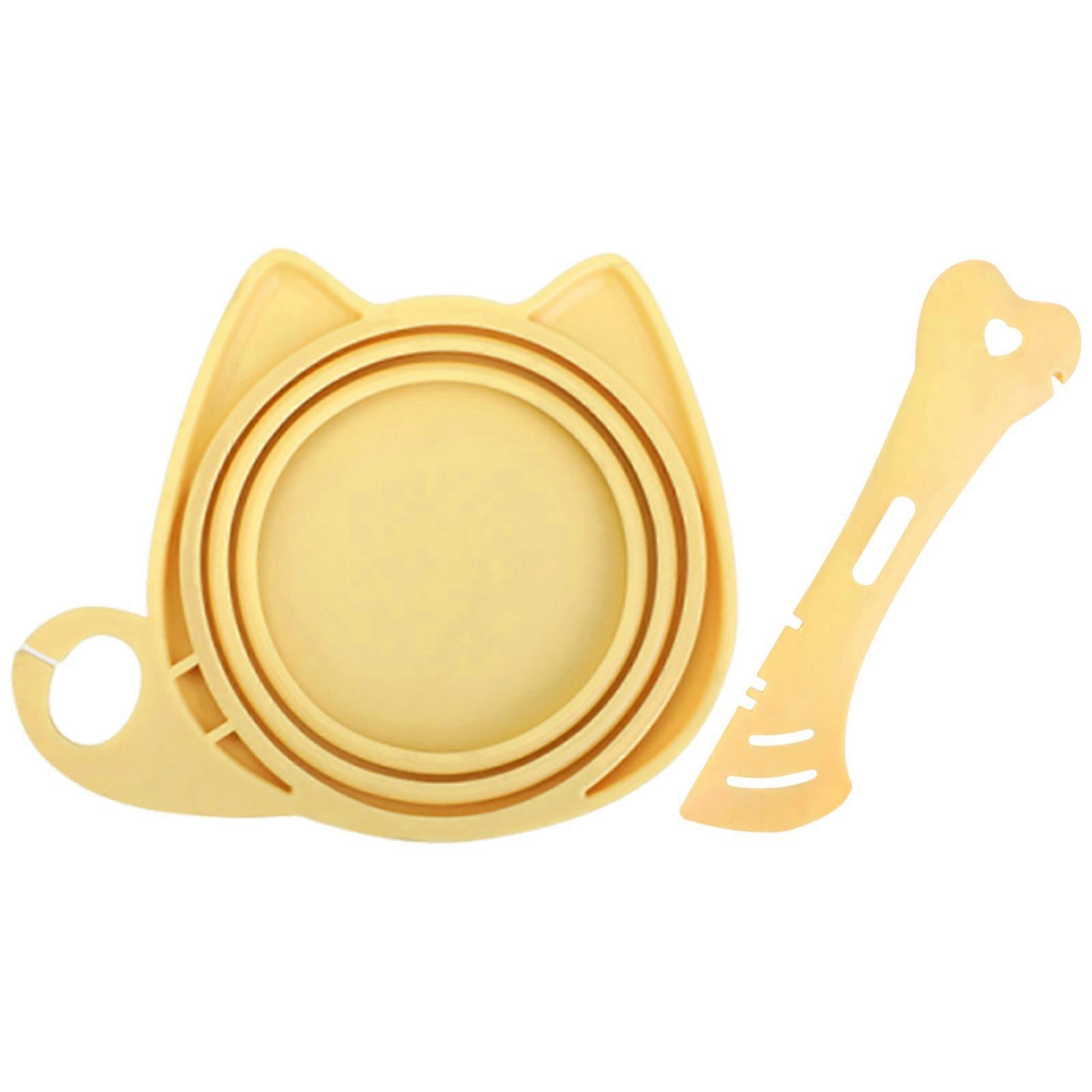 Double Function Elastomer Puss Food Lid and Spoon Combination with Constructed In Can Opener for Storage  Yellow