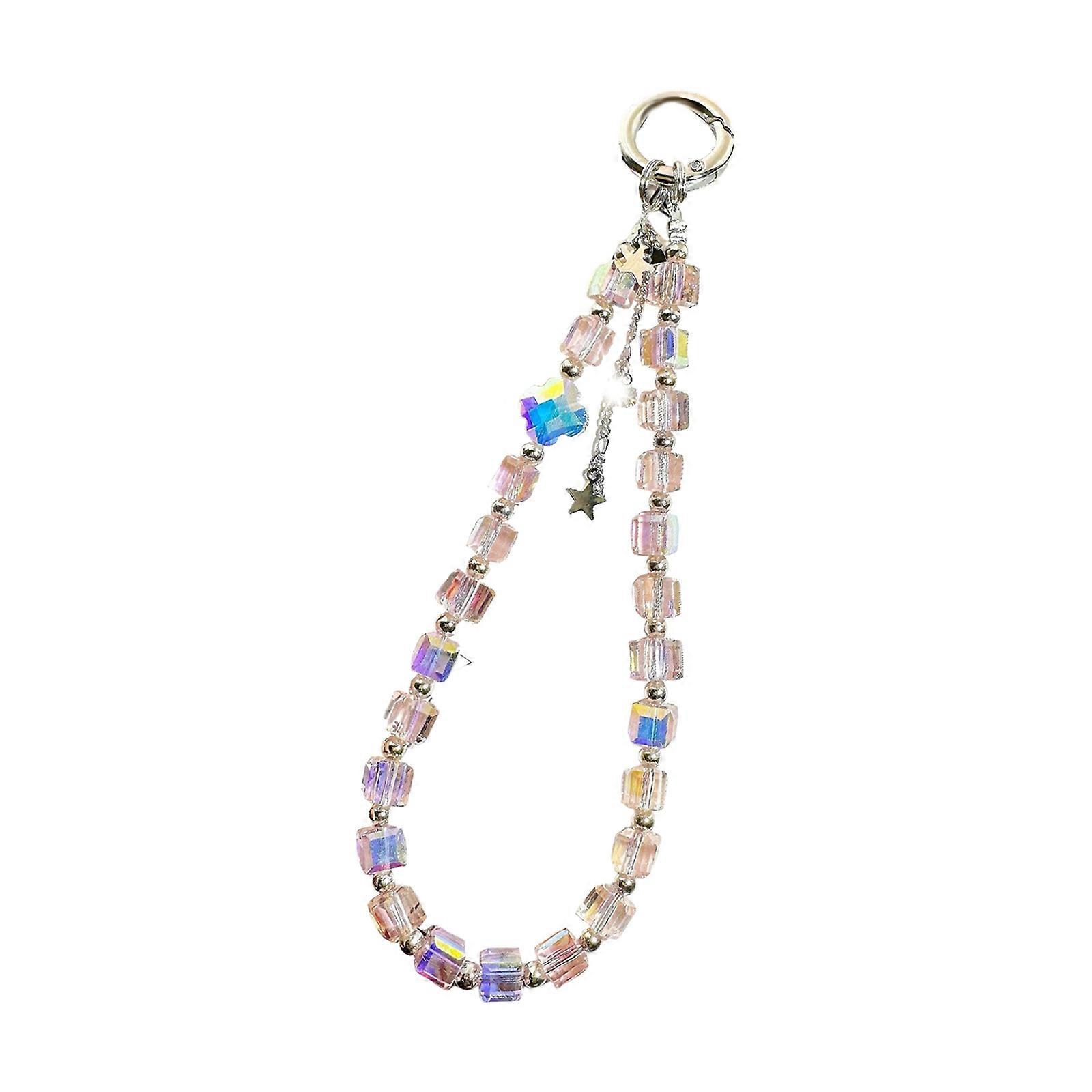 Elegant Square Acrylic Crystal Mobile Phone Strap Handmade Beaded Design Fashionable Phone Case Accessory Integrates with Multiple Devices  Pink color