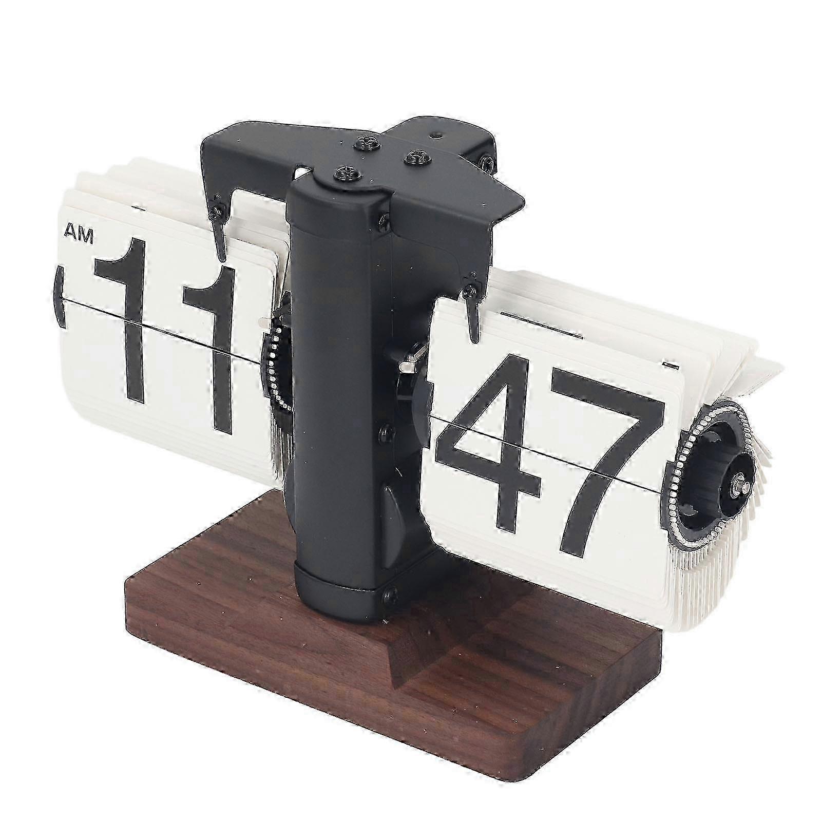 Digital Flip Desk Clock 12 Hours Single Sided Battery Powered Retro Mechanical Auto Flip Down Clock with Wood Base for Living Room Office Black F