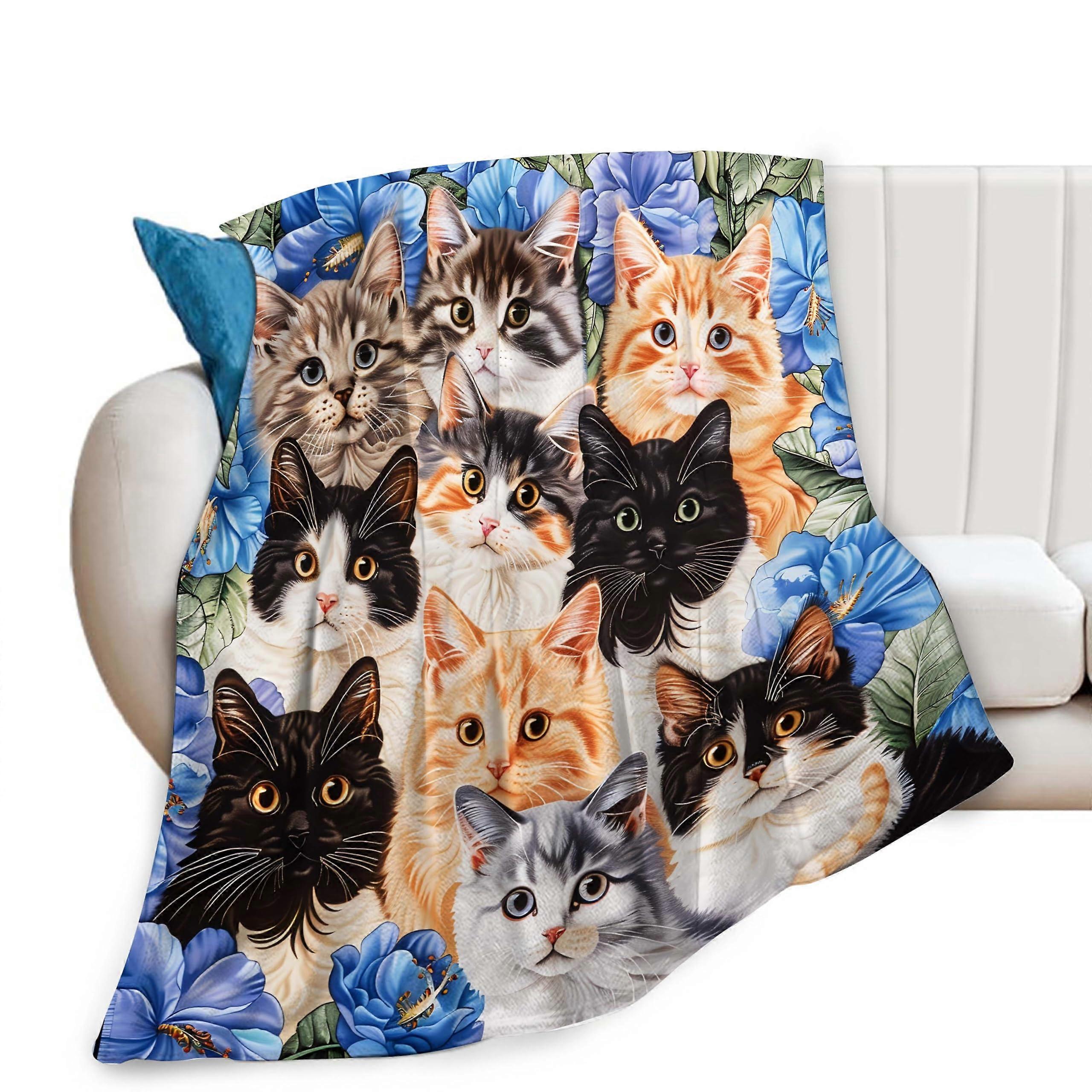 Cat Blanket Fleece Throw with Cat and Flower Design Soft Warm Flannel for Sofa Bed Kids Adults 40'x50'