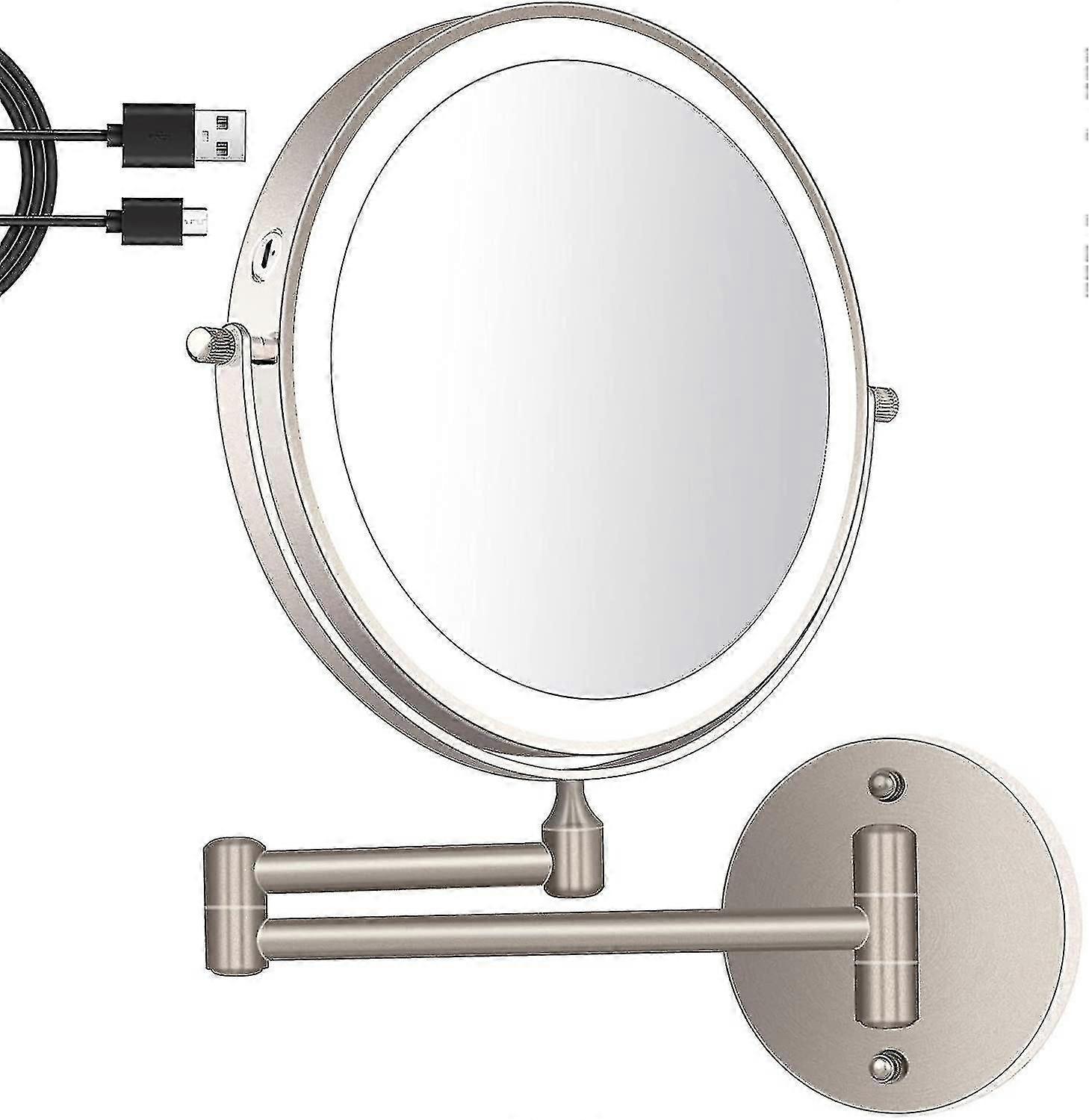 8 Inch Wall Mounted Makeup Mirror Usb Rechargeable Led 3 Color Lights Two Sided 1x/10x Magnifying Mirror Touch Switch Intelligent Shutdown 360 Swivel