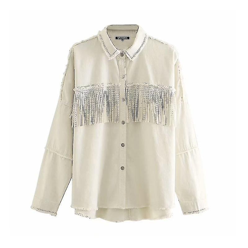Fringe Beaded Loose Long Sleeve Frayed Trim Denim Jacket