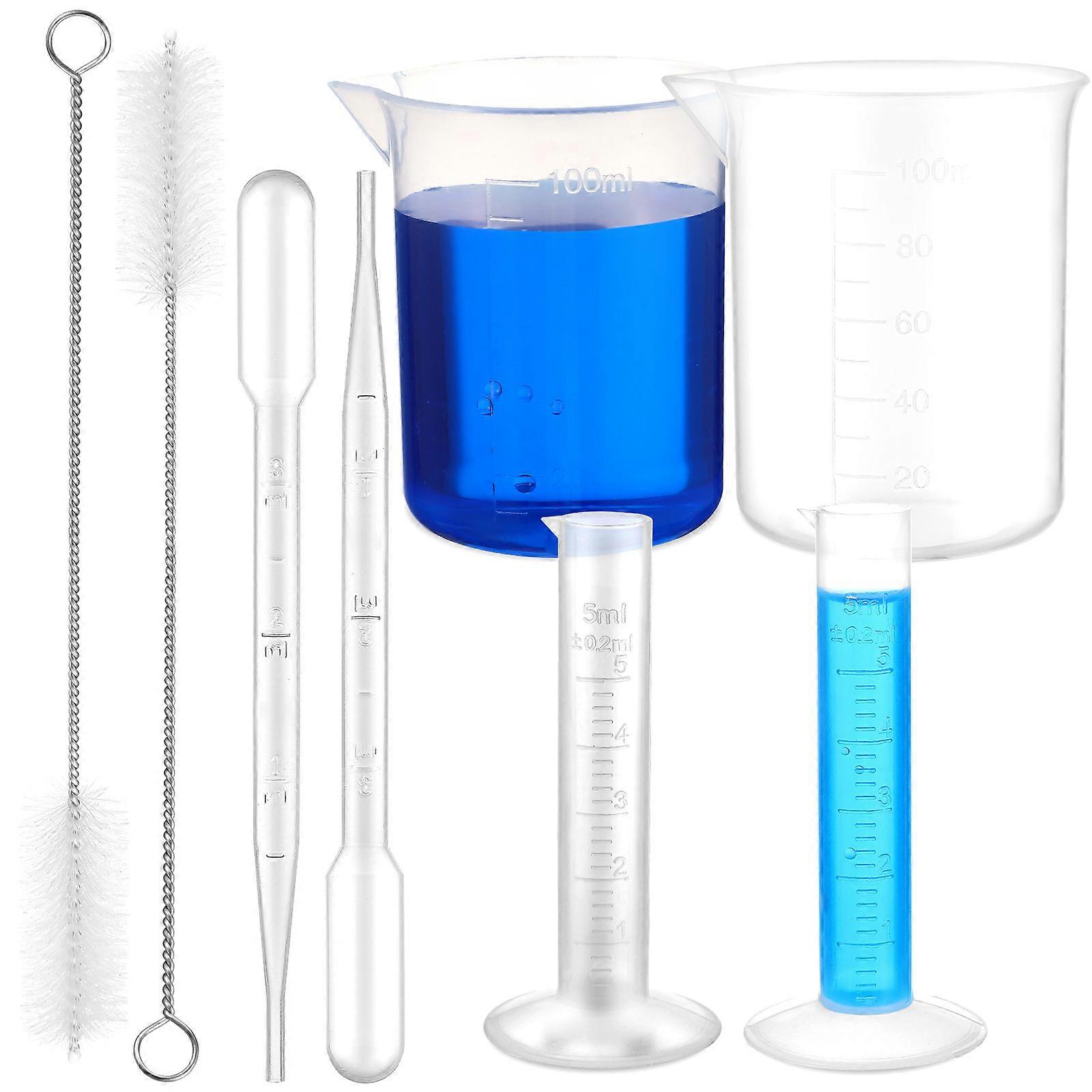 1 Set Plastic Graduated Cylinders Beakers with Transfer Pipettes and Test Tube Brushes Measuring Tools for Science Laboratory