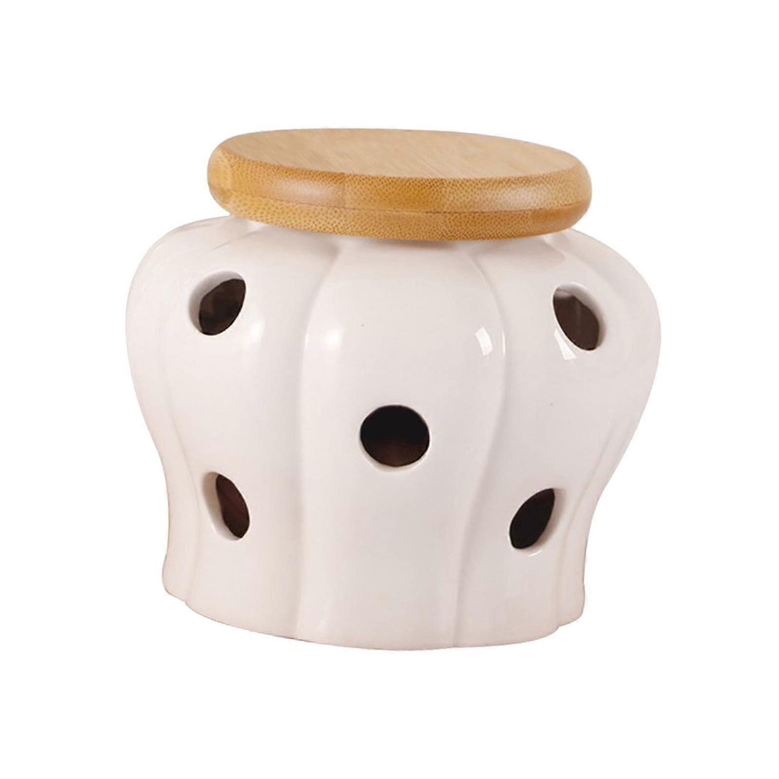 Garlic Keeper Ceramic Jar with Bamboo Lid, Ventilated Design, White Countertop Storage 5.12in