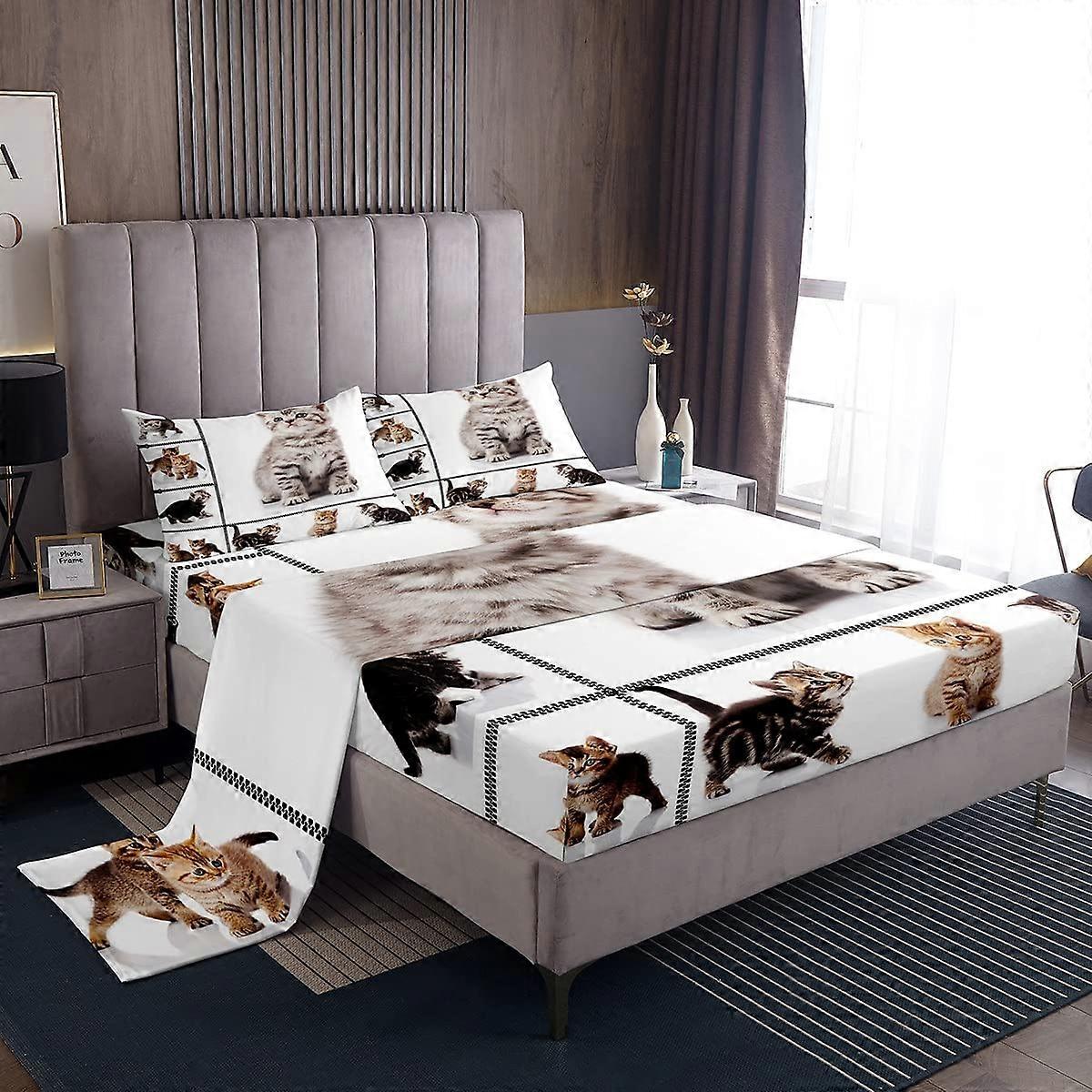 Cats Bed Sheet Set Twin Size Fitted And Flat Sheet Set Animal Printed Pet Theme With 1 Pillow Case Cat Lover's Gift