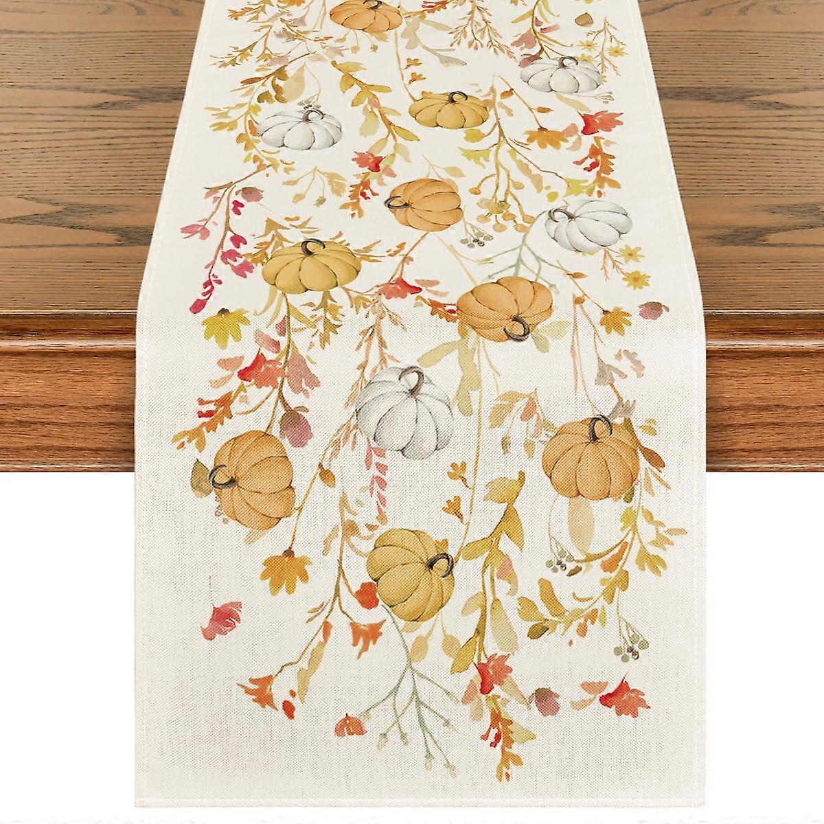 Fall Table Runner 13x72 with Vibrant Orange Pumpkin Design, Thanksgiving Dining Table Decor, Machine Washable