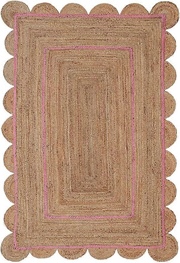 Red Border Jute Rugs, Scallop Boho Decor Handmade Rectangle Jute Rug