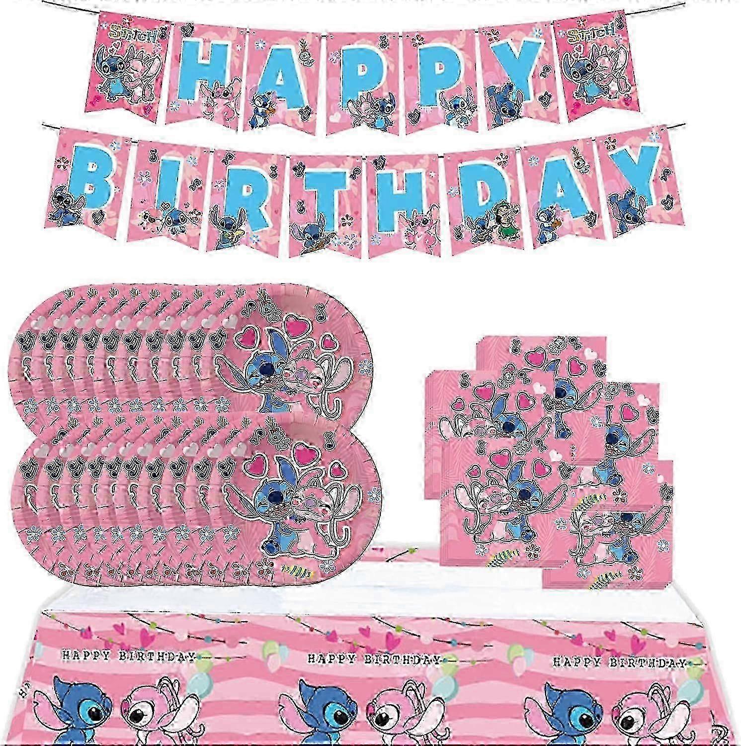 2025 Pink Stitch Party Birthday Supplies, Cartoon Stitch Theme Party Tableware with Happy Birthday Banner, Tablecloth, 20 Disposable 7" Paper Plates
