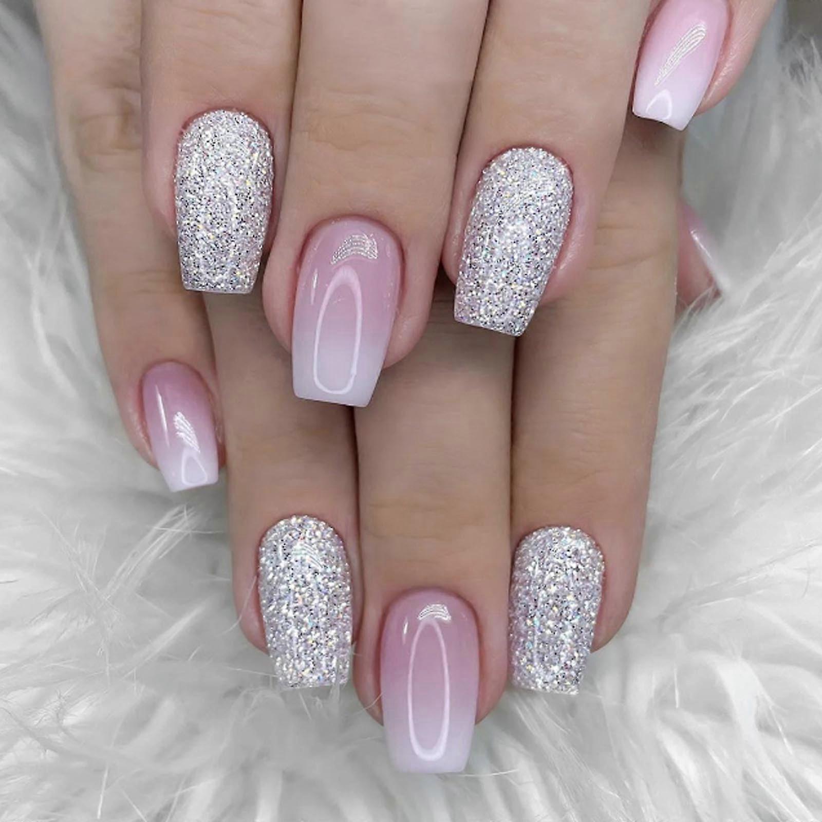 Medium Coffin Press On Nails Pink Gradient Acrylic Reusable Salon Style Tips 24PCS