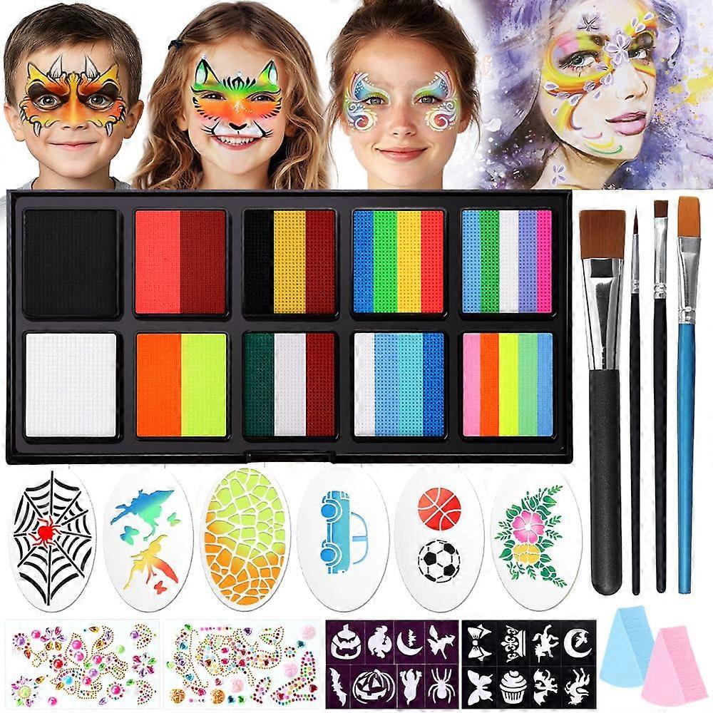 Rainbow Face Paint Kit for Kids  Water Activated Split Cake Palette with Reusable Stencils
