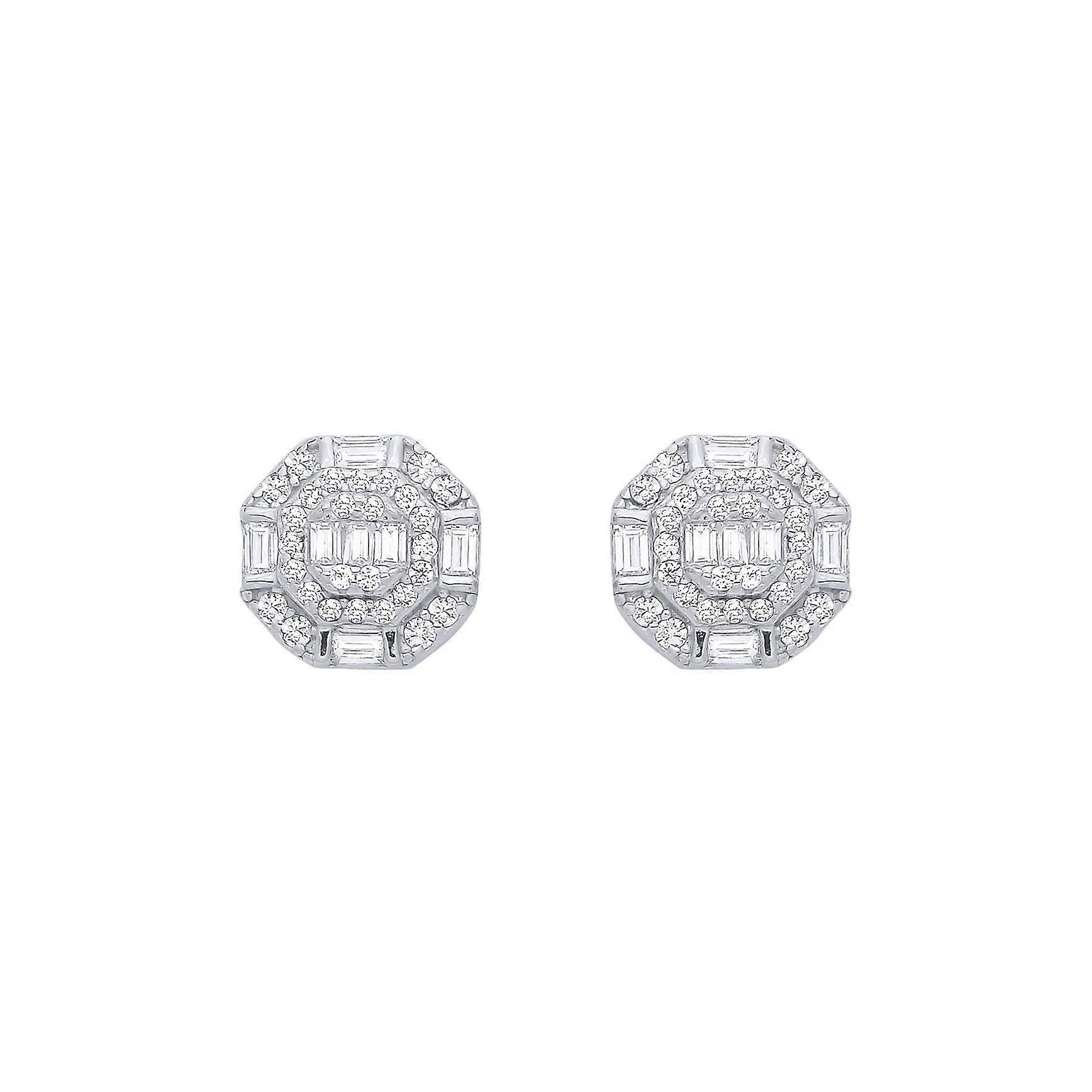 Jewelco London Ladies Rhodium Sterling Silver Baguette CZ Octagon Chamber Halo Cluster Stud Earrings