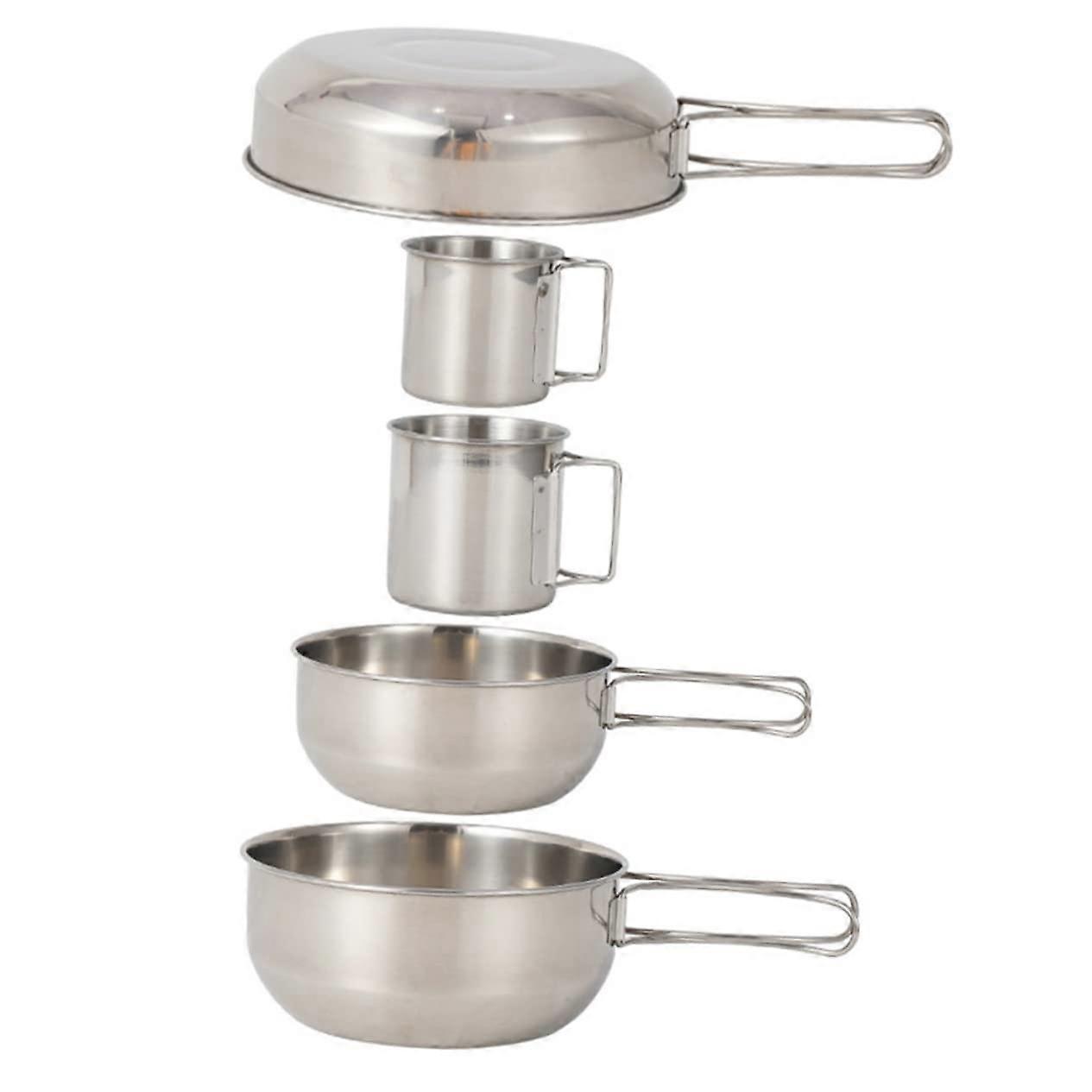 5pcs Camping Cookware Set Stainless Steel Tableware with Foldable Handle for Hiking Picnic BBQ