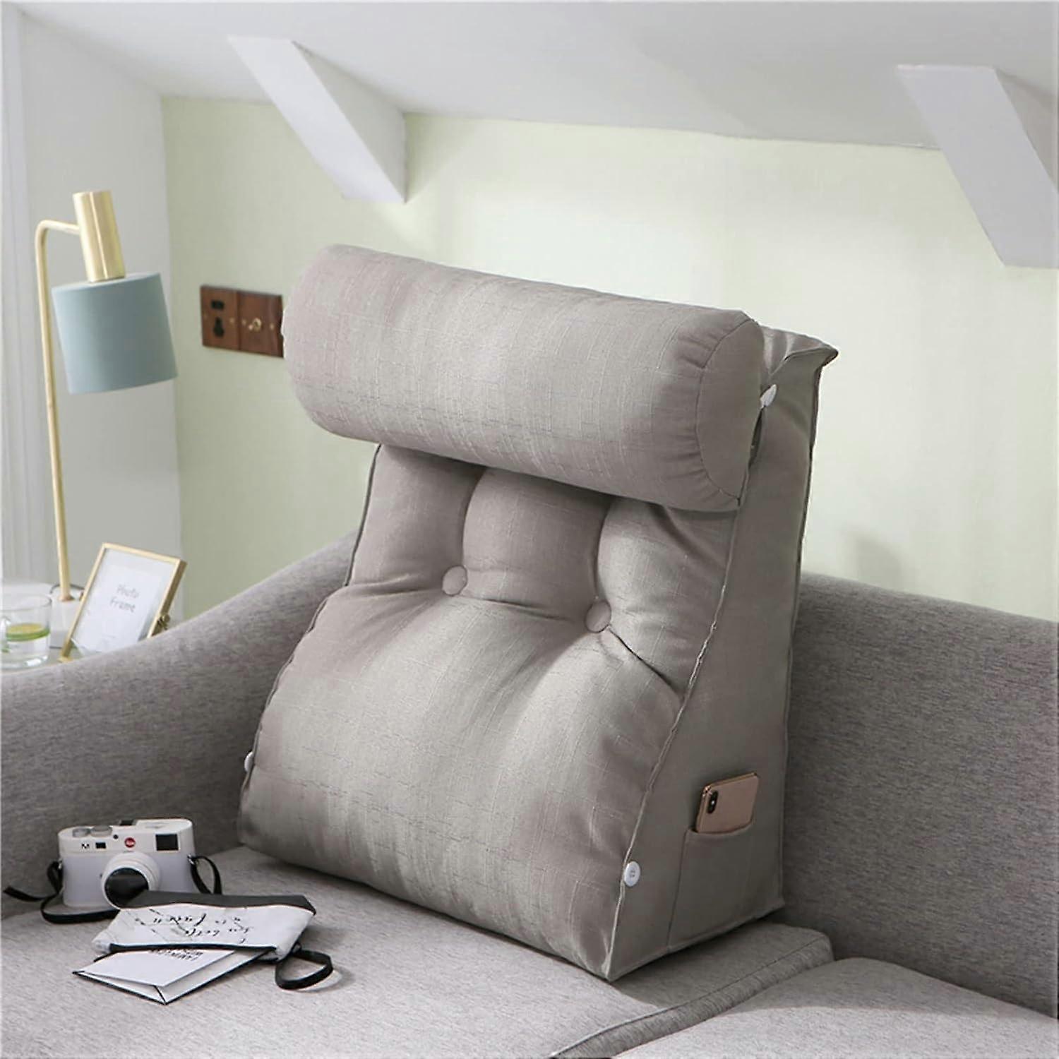 Triangular Wedge Pillow for Reading in Bed with Adjustable Neck Support and Side Pocket, Ice Silver