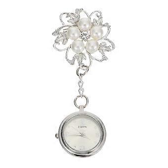 1Pcs Clip-on Nurse Pocket Watch with Rhinestone Flower Silver for Decoration