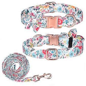 Dog collar and leash adjustable strong gold buckle collar with beautiful bow tie and floral trim