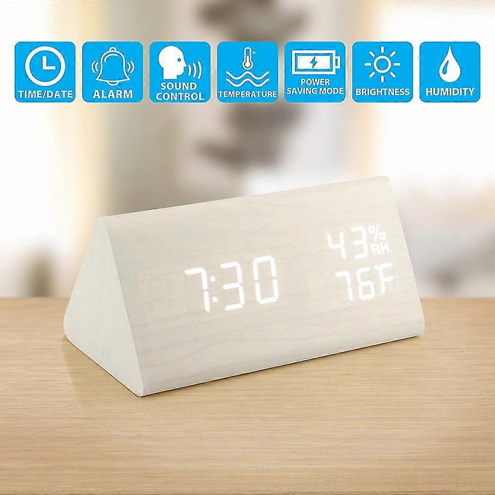 Wooden Led Digital Desk Clock, Time Temperature - White