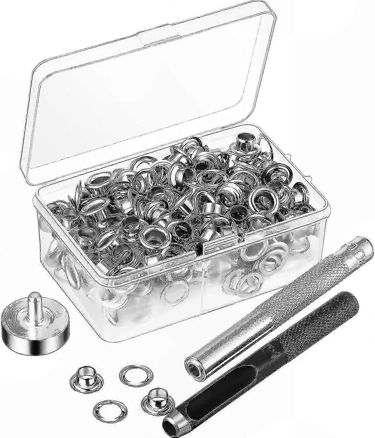 Grommet Eyelets Tool Kit, 100 Sets Eyelet Grommets with Storage Box and Eming Setting Tool (6mm Inner Diameter)