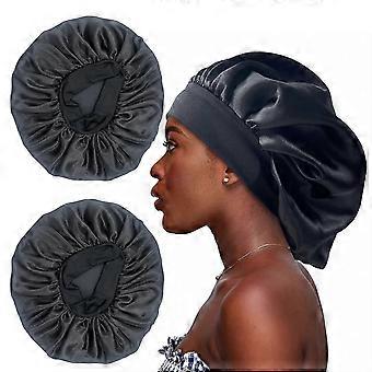 2PCS Large Satin Bonnet,Silk Bonnet Hair Wrap compatible with Sleeping, Sleep Cap With Elastic Soft Band (black)