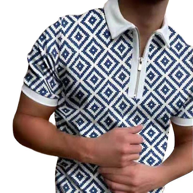 Herren Streifen Print Hemden Kurzarm Reißverschluss lässig Revers V-Ausschnitt Tops