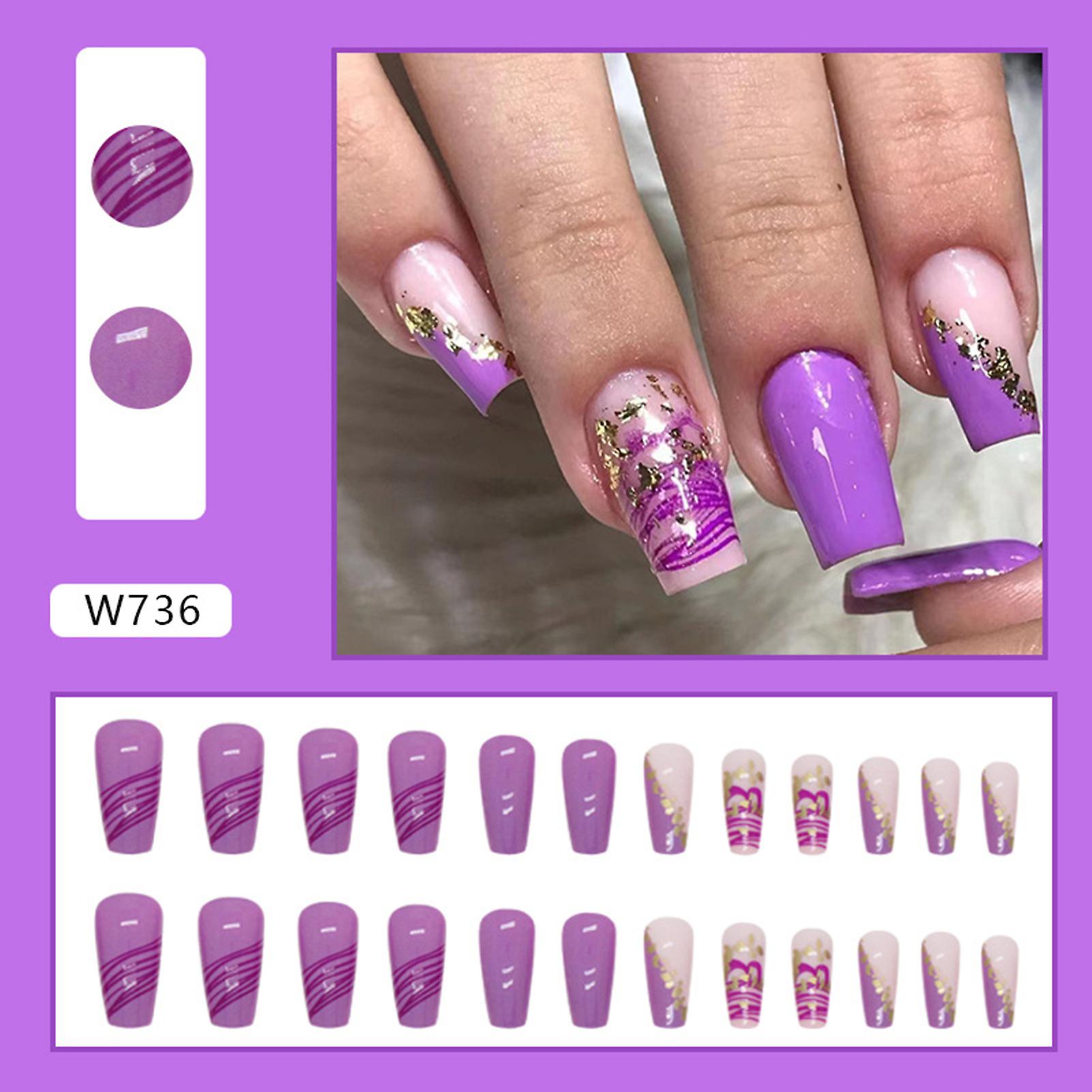 Purple Lines Square Fake Nails Charming Com