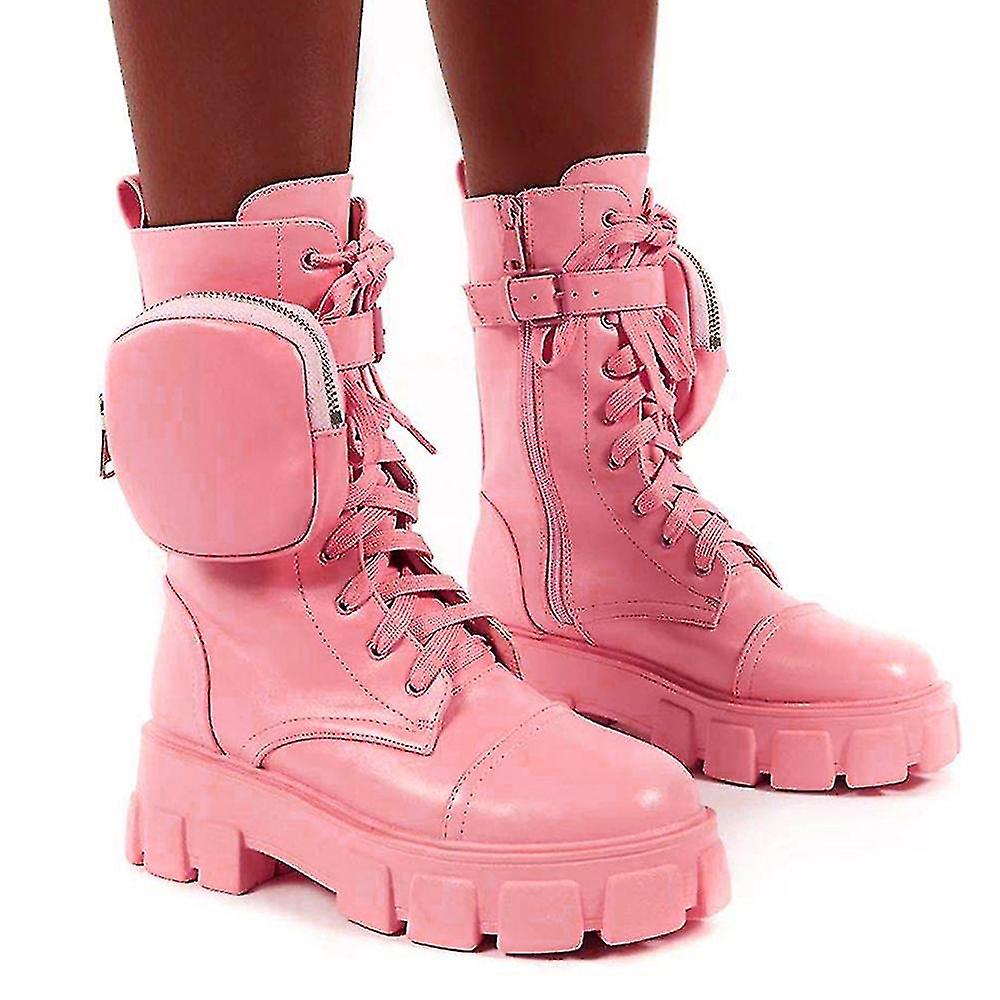 Kobiety Combat Ankle Chunky Platform Lace-up Zip Biker Shoes