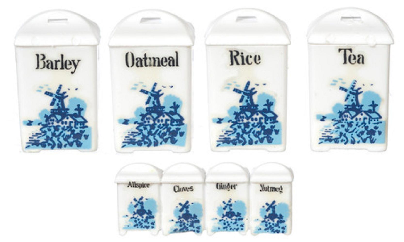 娃娃屋白蓝色花卉罐套装代尔夫特储物罐厨房配件