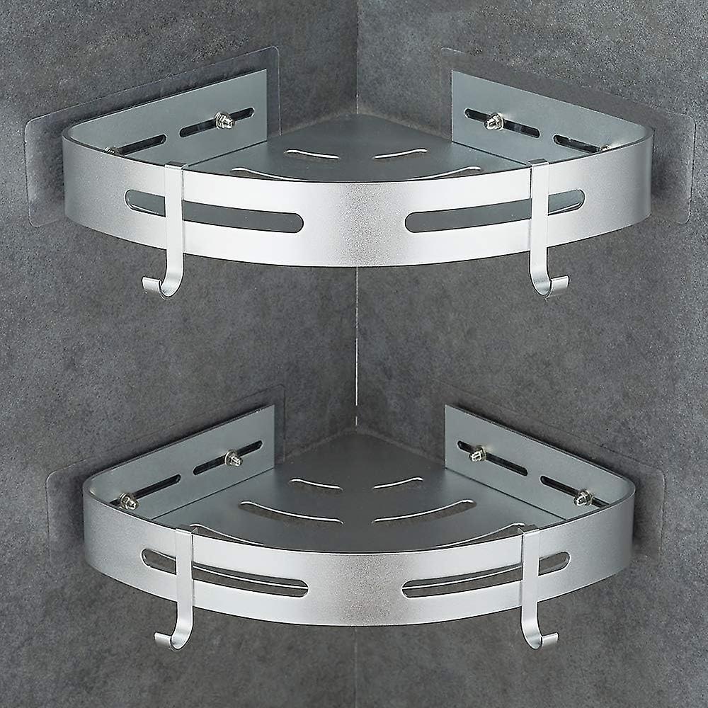 No-Drilling Aircraft Aluminum Corner Shower Shelf with 2 Shower Hooks Anti-rust Self-adhesive Holder for Bathroom Items 2 Pieces (Silver)