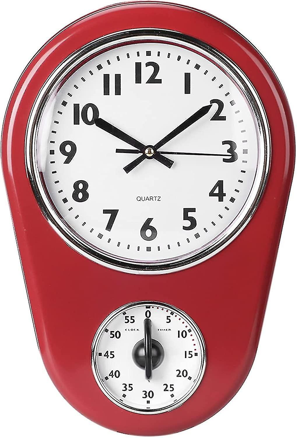 Retro Kitchen Timer Wall Clock, Red Vintage Silent Home Timer