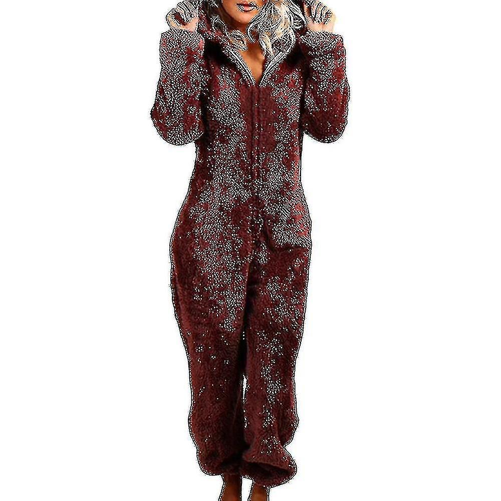 Kobiety Winter Fluffy Fleece Hooded All In One Jumpsuit-9