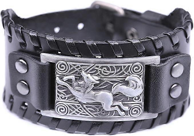 Celtic Knot Viking Fox Leather Cuff Bracelet Adjustable Blac