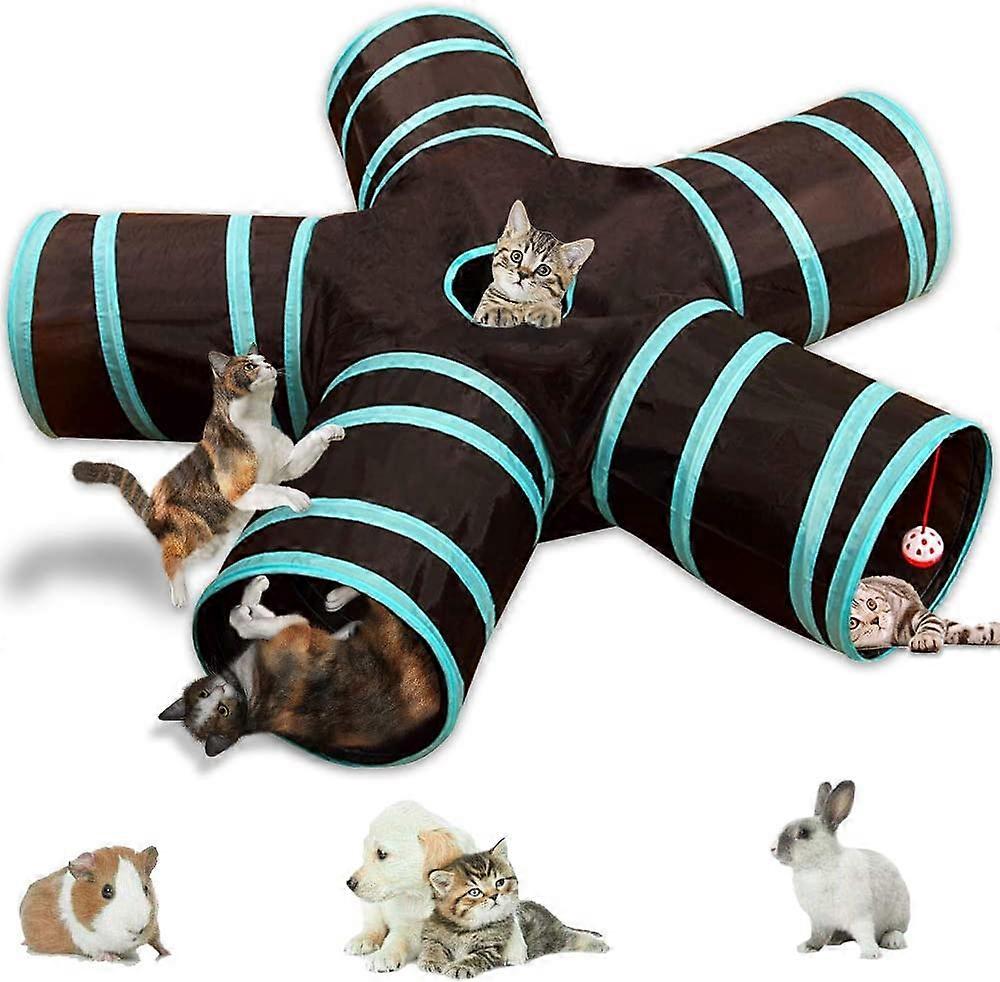 Interactive, collapsible, lightweight 5-tunnel maze in crinkle fabric with pom pom and bells for cats, bunnies, kittens, puppies, ferrets or guinea pi