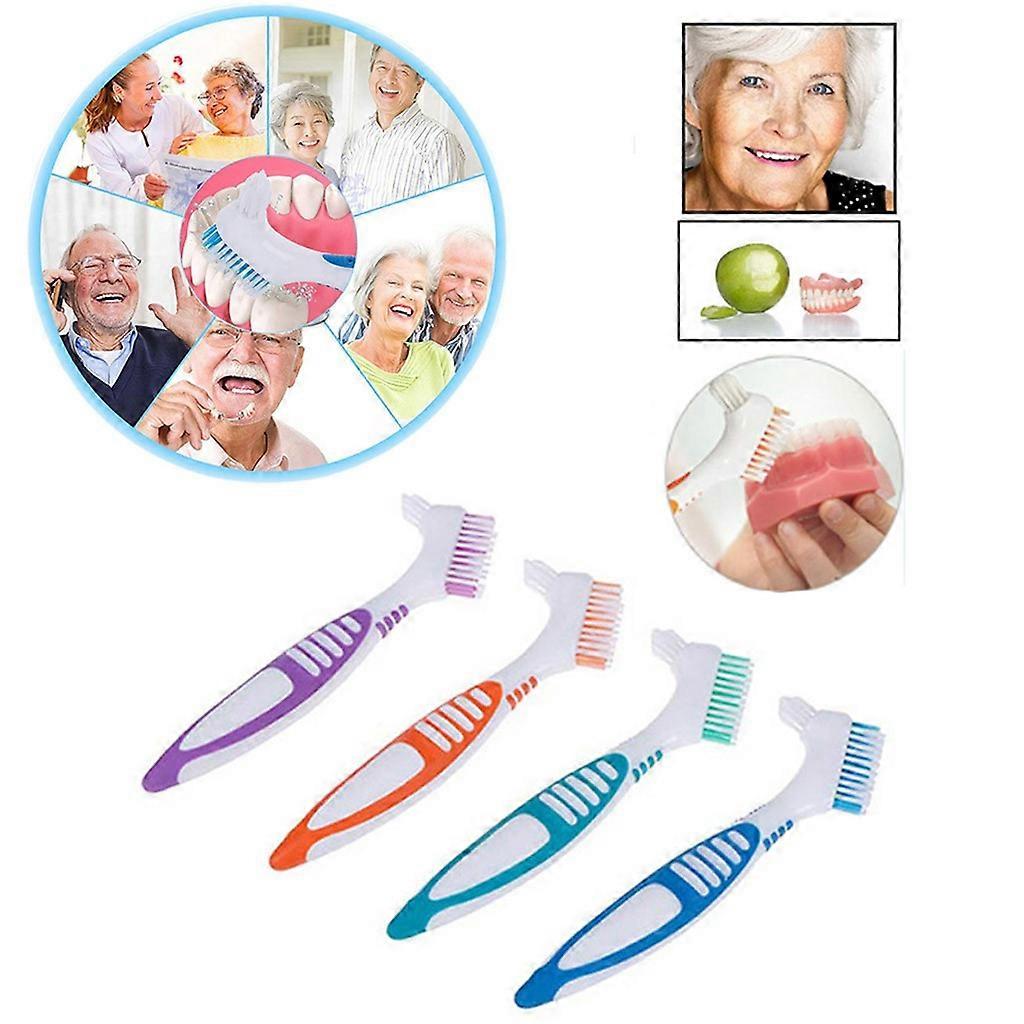 4Pc Denture Teeth Brush Easy Grip Handle Double Sided Toothbrushes