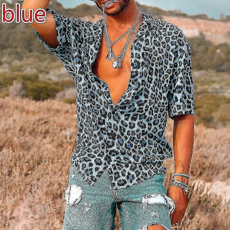 Férfi Baggy Beach Leopard Print rövid ujjú gomb Retro pólók Felsők blúz-YH