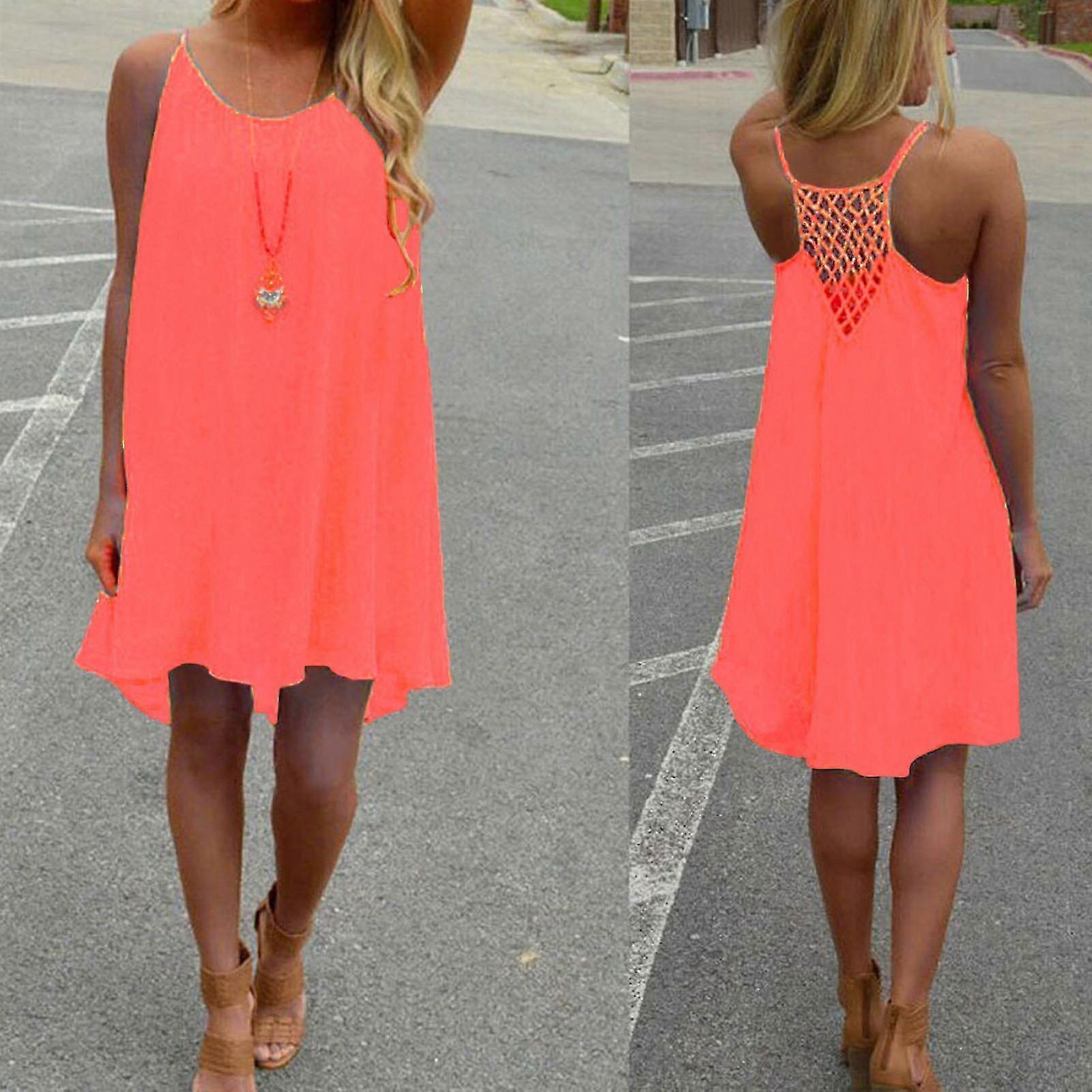Fashion Women Spaghetti Strap Back Howllow Out Summer Chiffon Beach Short Dress