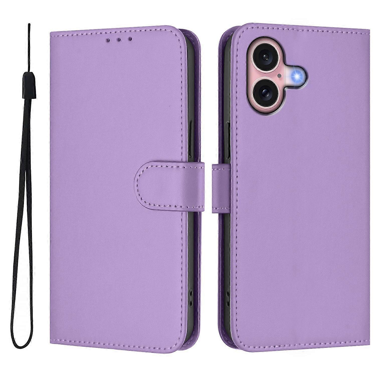 For iPhone 16 Case Solid Color Wallet Leather Phone Cover with Strap - Lavender