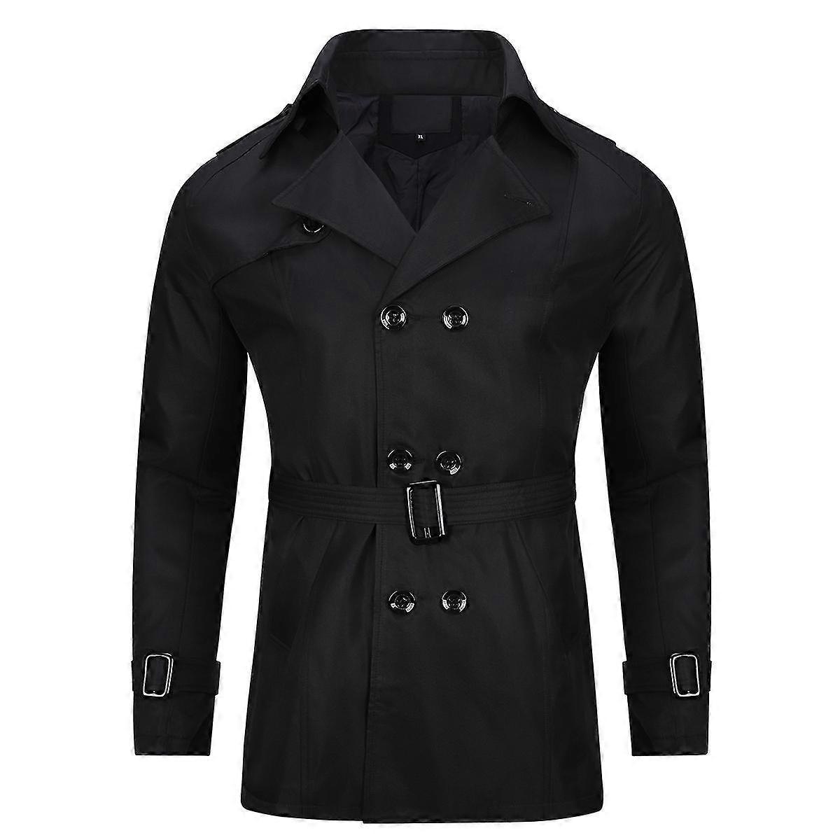 Mens Double-breasted Solid Lapel Trench Coat