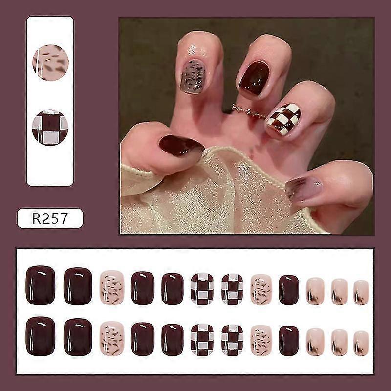 24pcs Red Checkerboard Nail Patch French Style Removable Short Paragraph