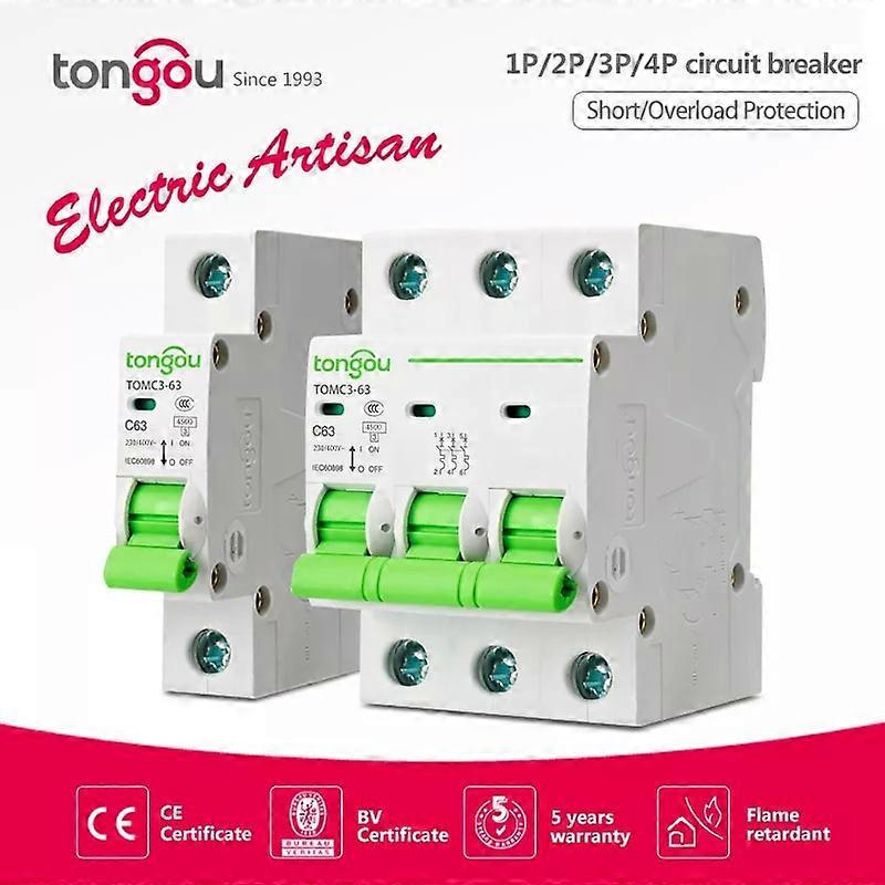 1P 2P 3P 4P 6A 10A 16A 20A 25A 32A 40A 50 63A Curve C MCB 110V 220V 4.5KA AC Mini Circuit Breaker TOMC3-63