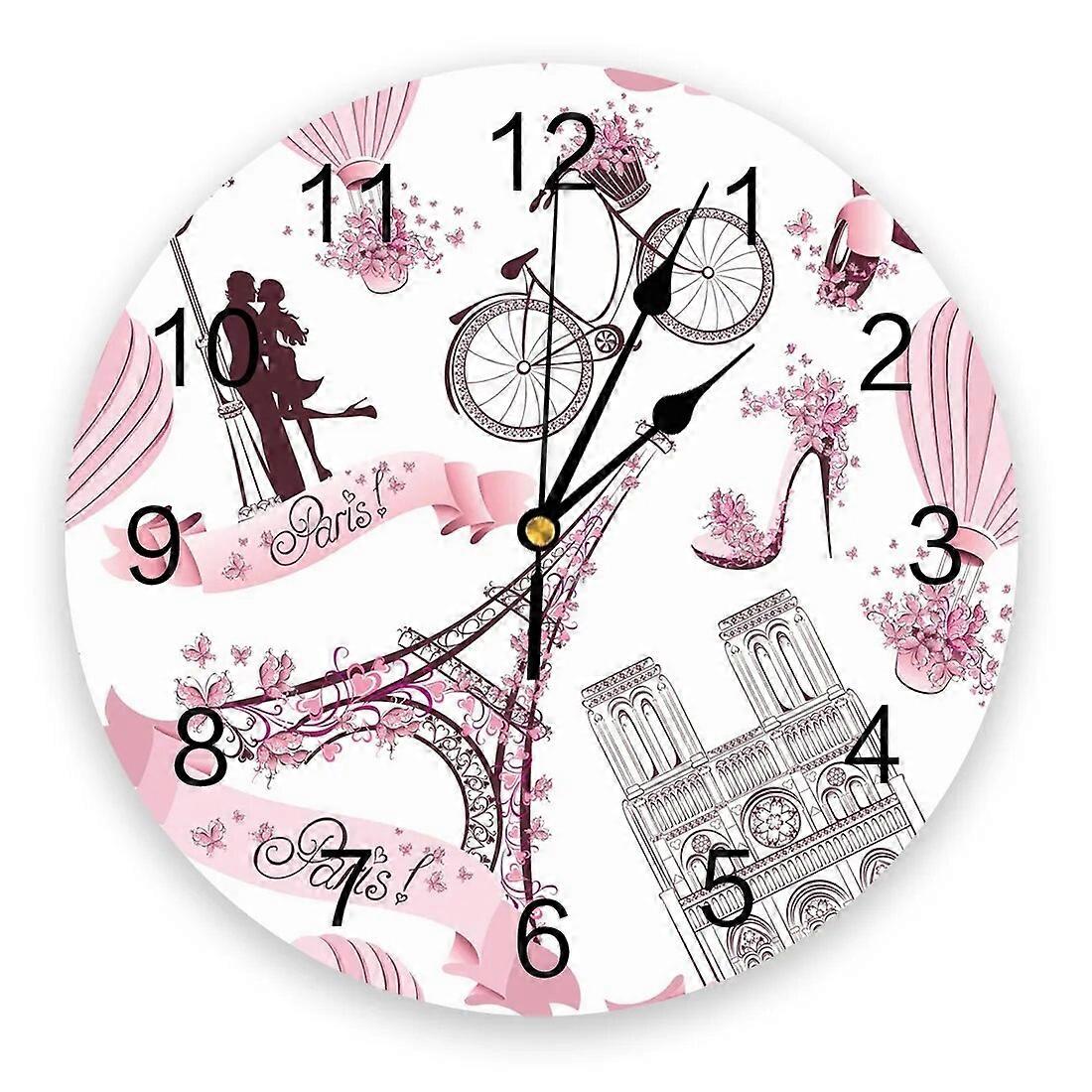 Pink Eiffel Tower High Heels Flower Hot Air Balloon Round Wall Clock Hanging Silent Clock Home Interior Bedroom Room Decor
