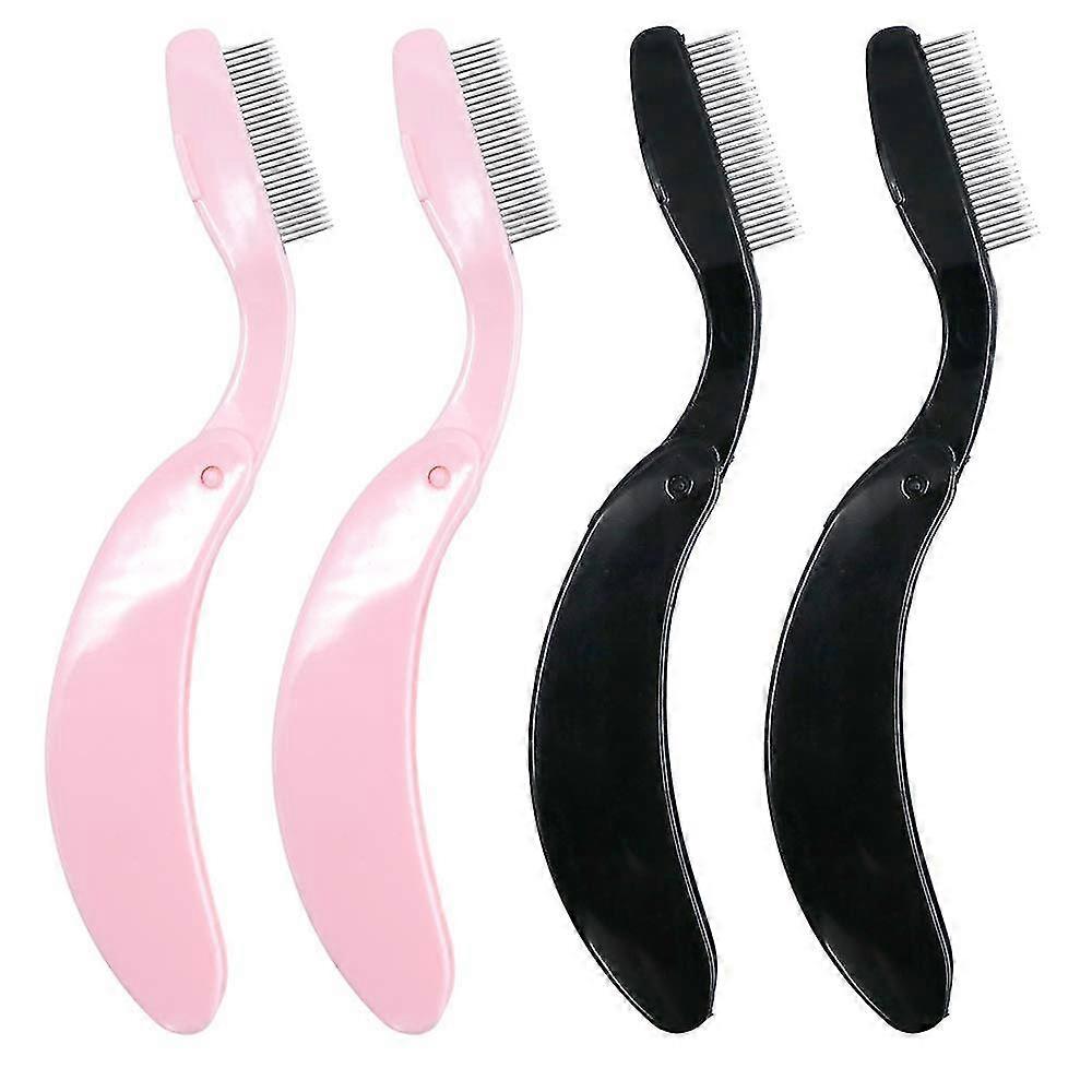 4pcs Folding Eyelash Comb, Eyebrow Comb With Metal Teeth, Eyelash Separating Comb, (2 Pieces Each In Black And Pink)
