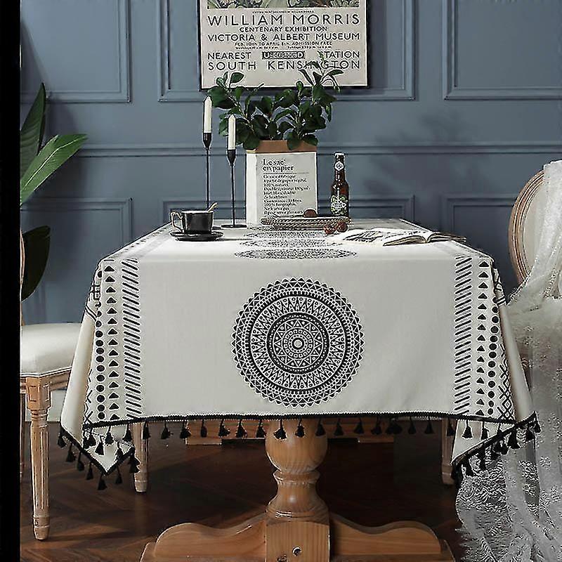 Spot Canvas Printed Mandala Black Tassel Rectangular Tablecloth Coffee Table Tablecloth
