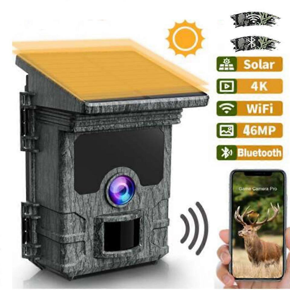 ソーラーWiFi、Bluetooth、4K、46MPトレイルカメラ、狩猟ゲーム、野生動物、カム、ナイトビジョン